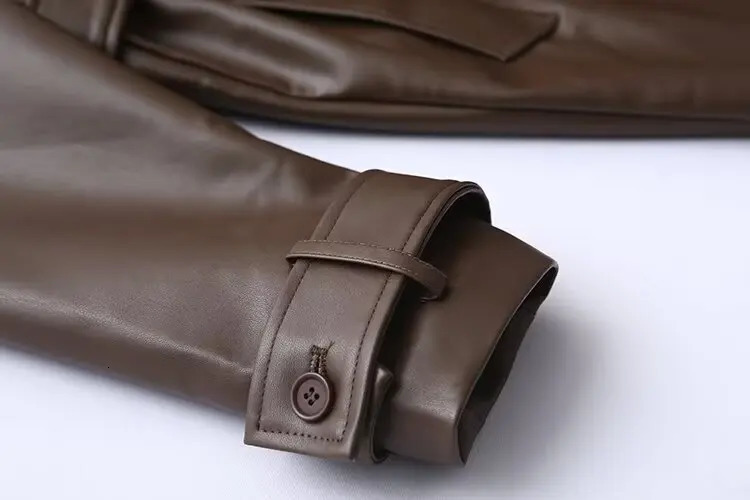 IEQJ Fashion Womens Pu Leather Trench Coat Lapel Long Sleeve Belt Solid Color Casual Windbreaker 2025 Autumn Jacket WM23 250103