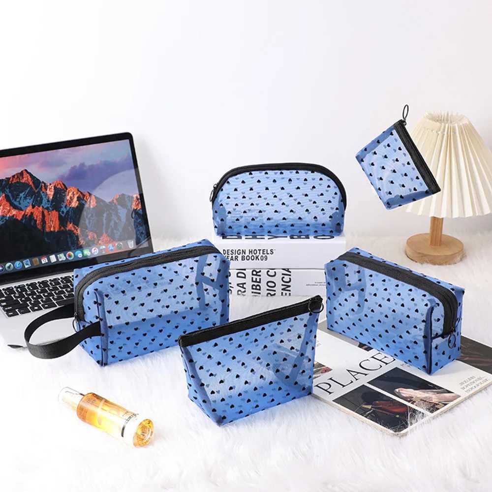One fashionable transparent mesh cosmetic bag Womens heart mini cosmetic lipstick storage bag Breathable travel toilet zipper bag W250109