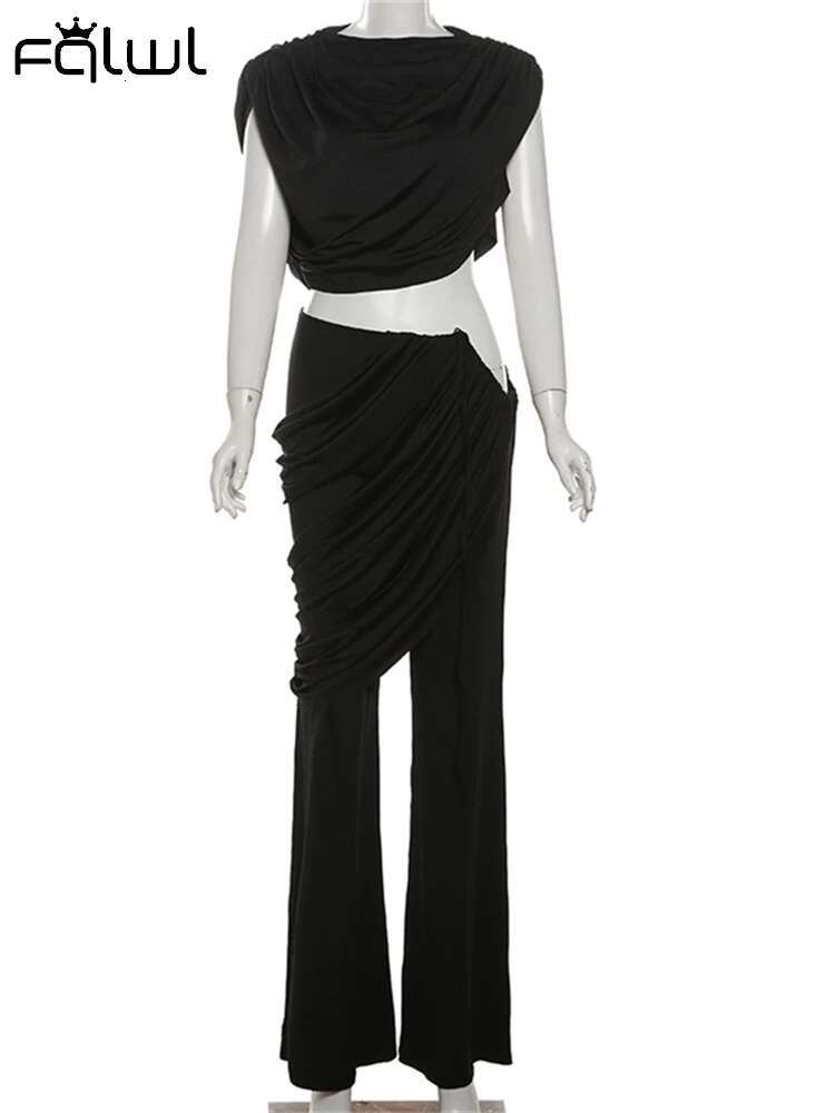 Habbris Autumn Elegant Ruched Women 2 Piece Set Party Outfits 2024 Sleeveless Crop Top+Metal Design Irregular Flared Long Pants