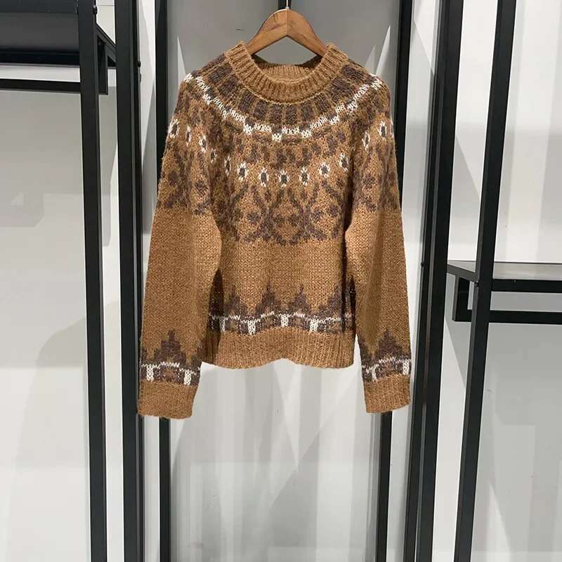 Women 2024 New Autumn And Winter Fair Isle Jacquard Pullover Sweater/Big Flare Jeans