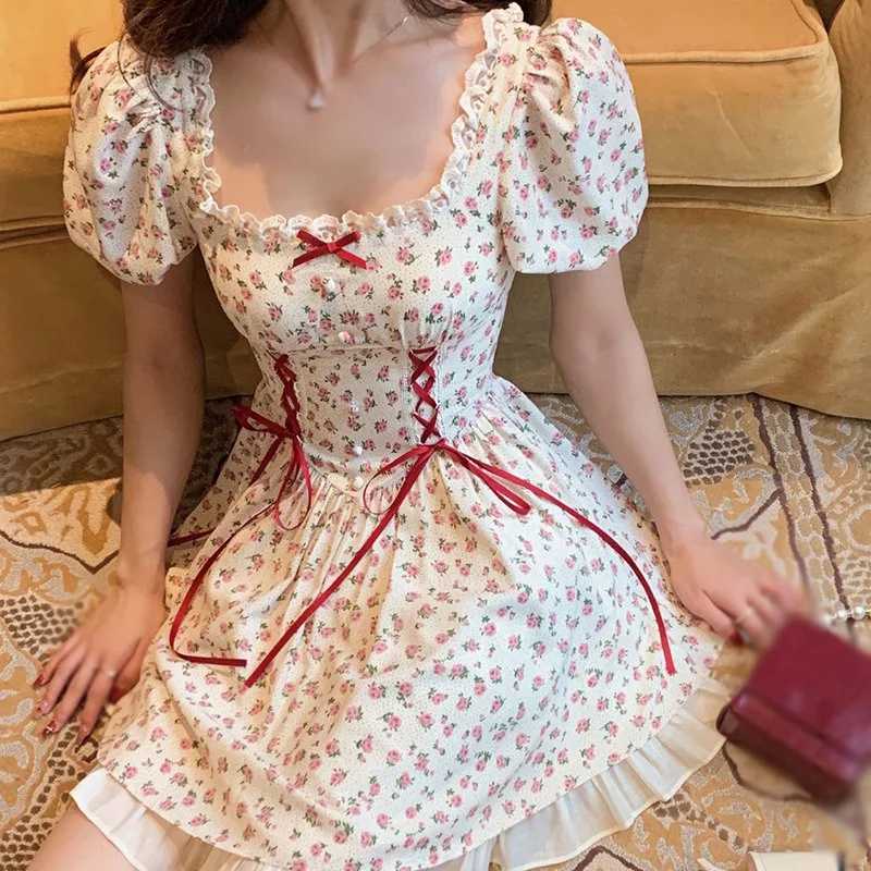 Summer Womens Puff Sleeves Fashion Small Fresh Forest System Flower Sweet Dress M250109
