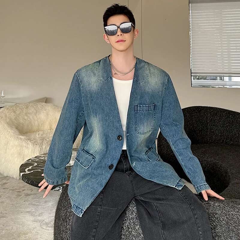 Autumn Versatile Loose Elegant Washed Casual Denim Blazer Coat Men's High Street Fashion Original Jacket New