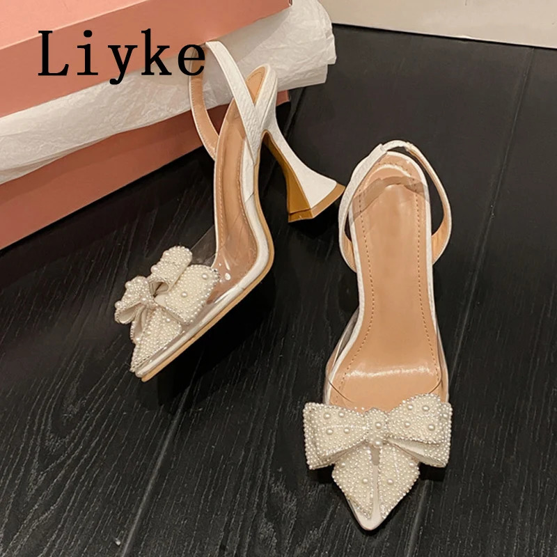 Liyke Summer Fashion Party Dress Slingback Shoes Pearl Bowknot Women Pumps Sexy Pointed Toe White High Heels Transparent Sandals 250106