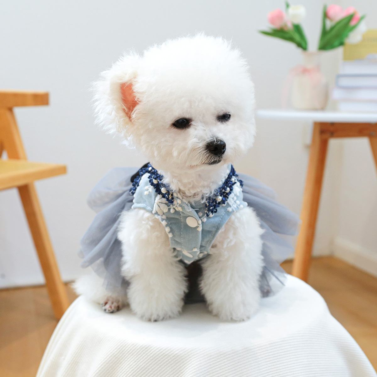 Pet Clothing Cat Autumn/Winter Grey Blue Fragrant Skirt Dress Wedding Dress Suitable for Small and Medium sized Dogs