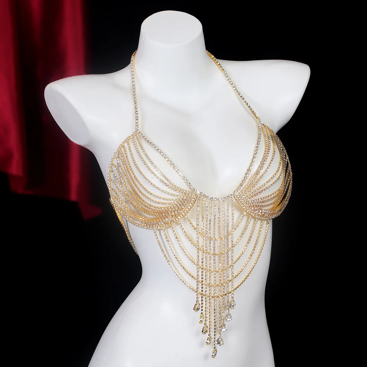 Light Multilayer Hollow Out Water Droplet Tassels Rhinestone Chest Chain Nightclub Body Chain 250107