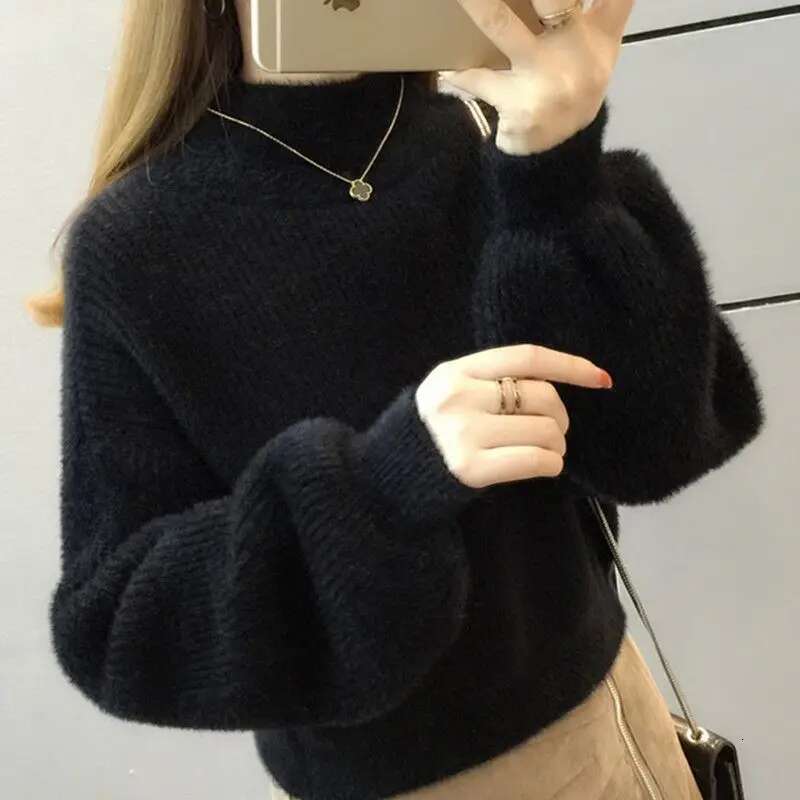 Autumn Winter Imitation Mink Fur Pullover Lazy Style Short Lantern Sleeves Women's Clothing Base Knit Sweater Thick Tops