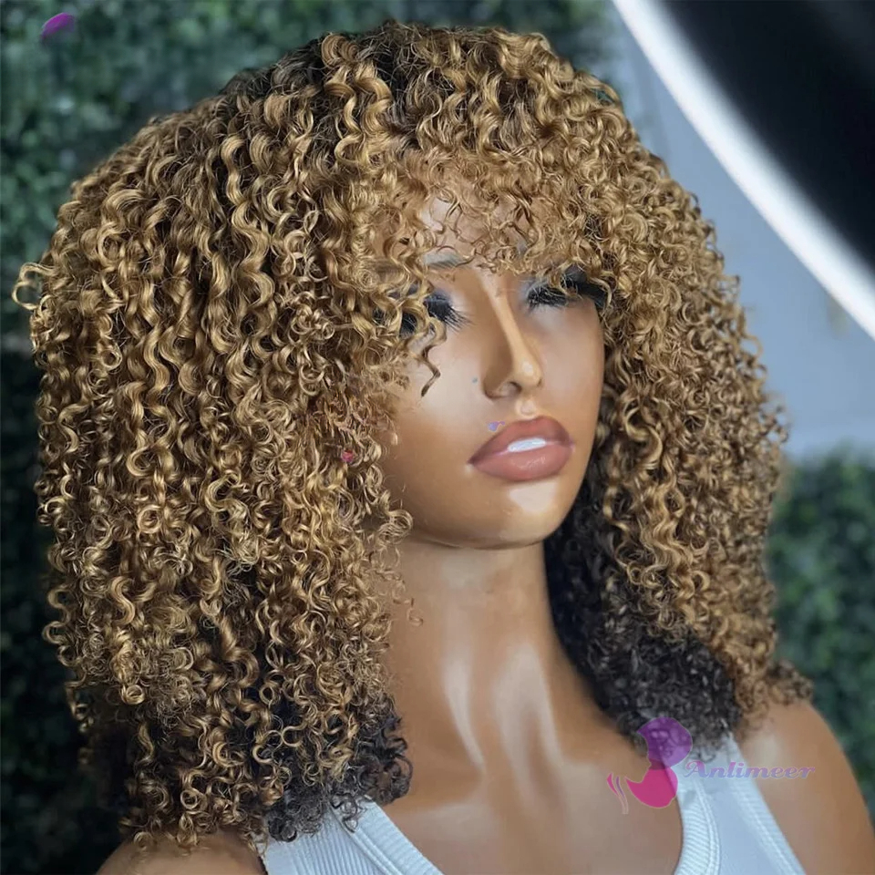 Free shipping Brazilian Highlight Blonde short Afro Kinky Curly Human Hair Wigs with Bangs for Women 250% Density Colored Black /brown /red Full Lace 