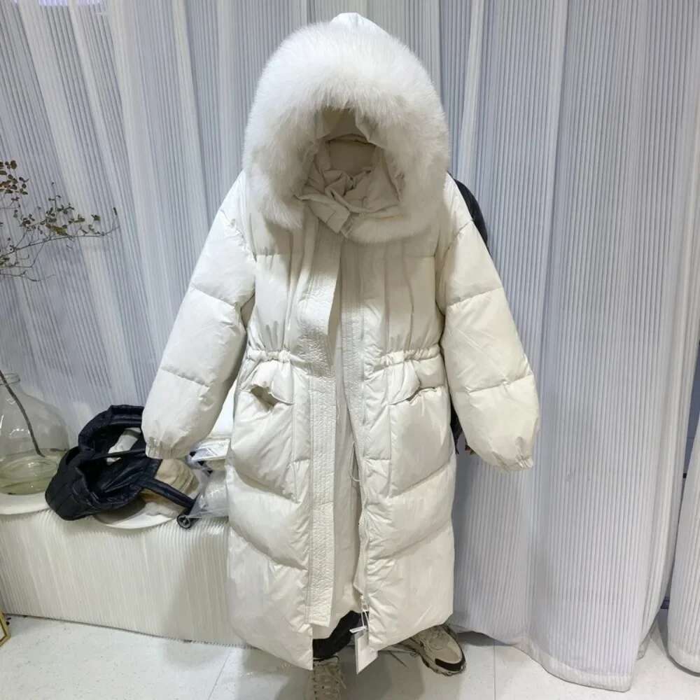 Outerwear Long Puffer 2024 Real Fox Fur Collar Jacket Women Duck Down Coat Warm Female Fluffy Parkas Loose