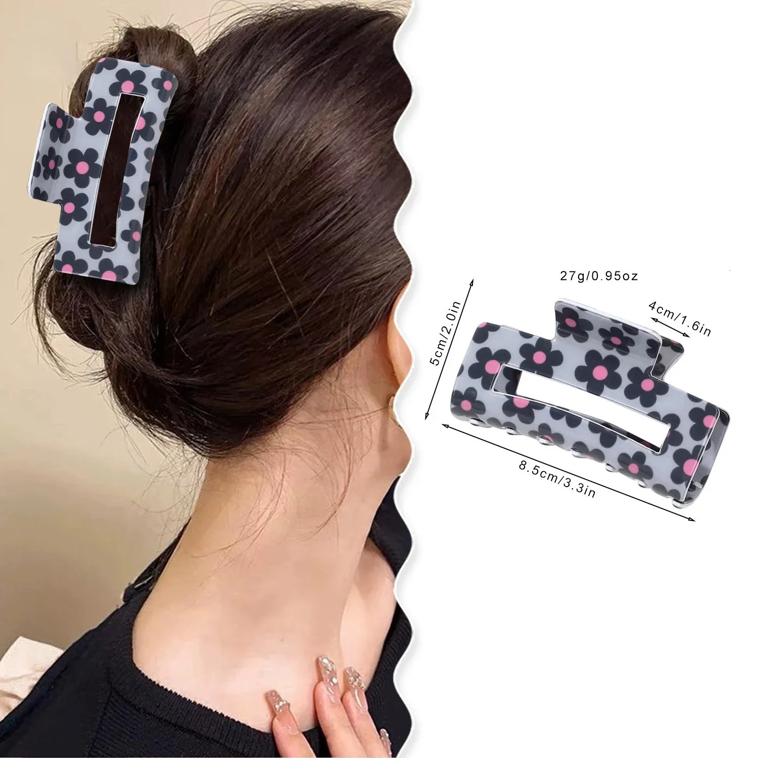 8.5cm Flower Printed Square Hair Clip Fashionable Simple Hairpin for Womens Back of Head Shark Clip Holiday Headdress Gift 250103