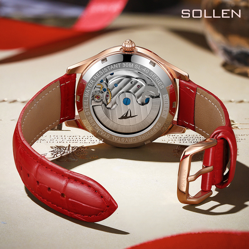 SOLLEN Women's Fashionable Multi-Function Skeleton Mechanical Watch with Leather Strap