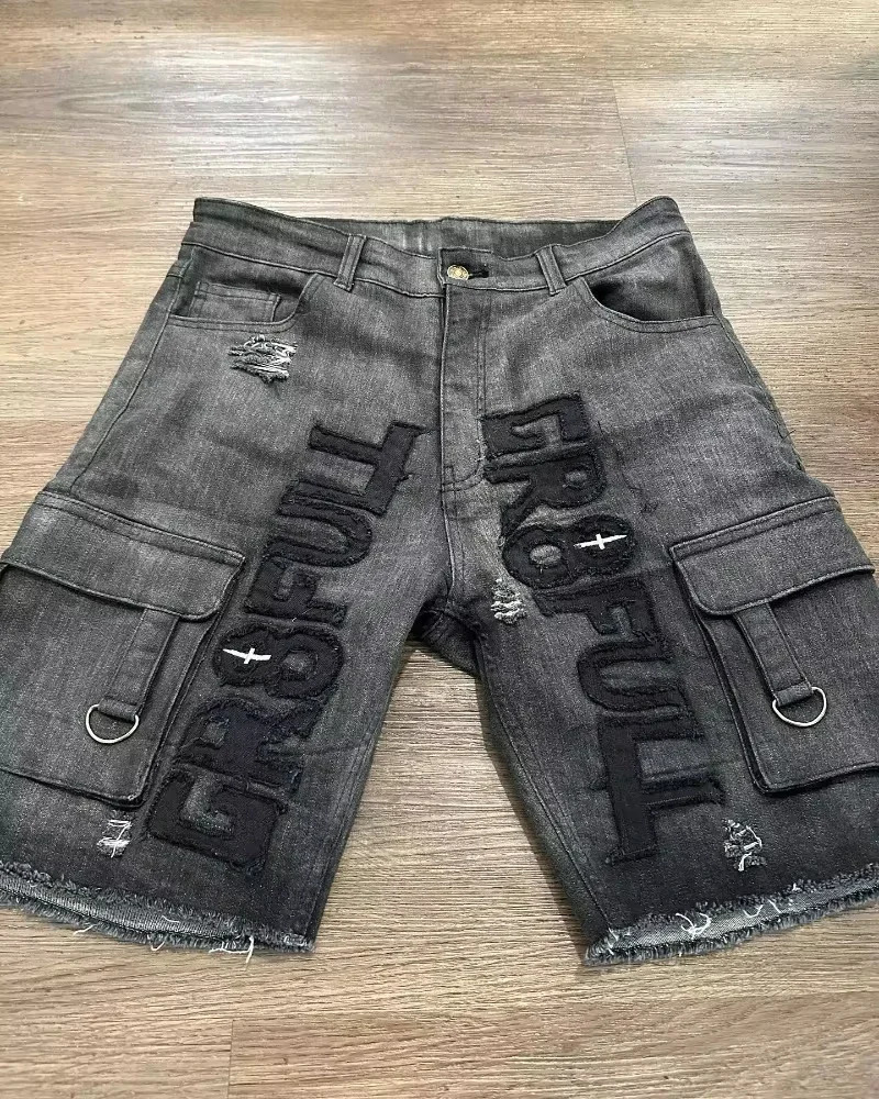 Street Y2K Fashion Trend Multi Pocket Tooling Denim Shorts Men Harajuku Hip Hop Joker Loose Jeans Couple Casual 250109