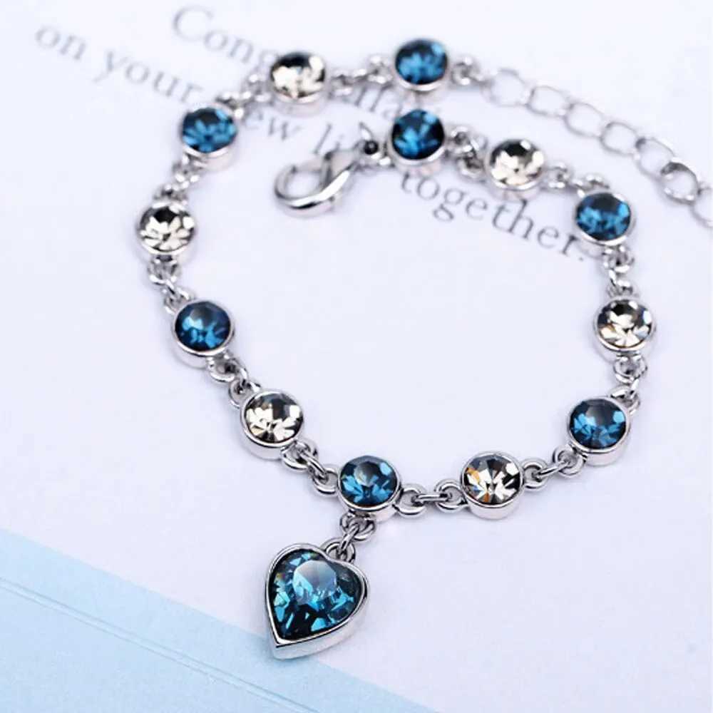 Women Silver Color Lucky Bracelet Female Blue Crystal Heart Charm Pulseras Bracelet Bridal Wedding Engagement Fine Jewelry GiftXJ250109