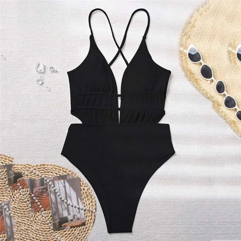 Sexy Black Ribbed ss Swimwear Woman 2024 One Piece Swimsuits String Cross Swimming Wear Bathing Suit Bathers BodysuitXJ240108