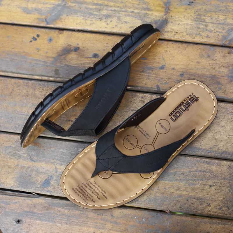 New Arrival Summer shoes mens slippers leather mens flip flat mens sandals holiday non slip black khaki A673 T250108
