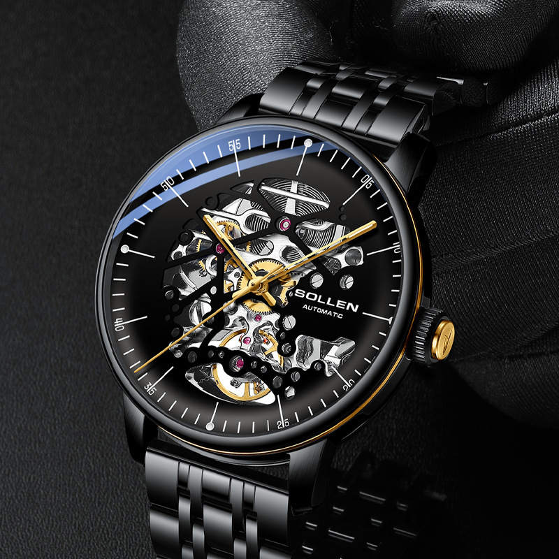 Men's Automatic Mechanical Watch with Curved Skeleton Steel Band and Night Glow