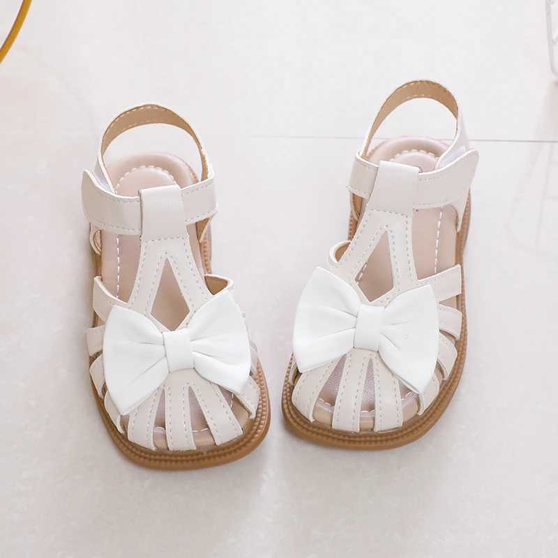 Cute girl sandals bow peeking toe 2024 new soft hook and loop beige childrens princess shoes casual shoes PU cute childrens shoes anti slip W250108