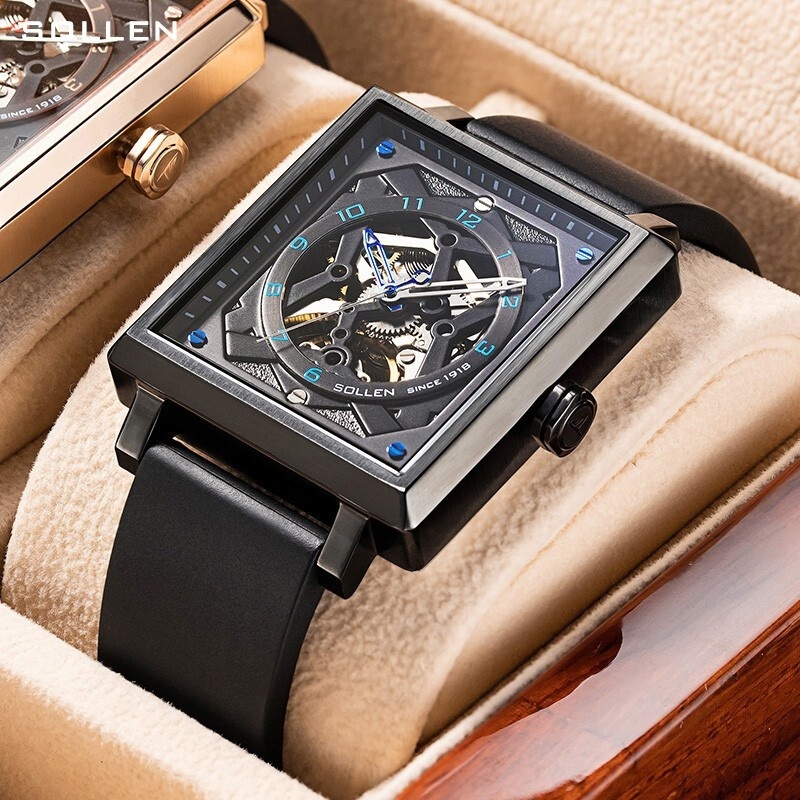 Fashionable SOLLEN Men's Square Skeleton Watch with Rubber Band