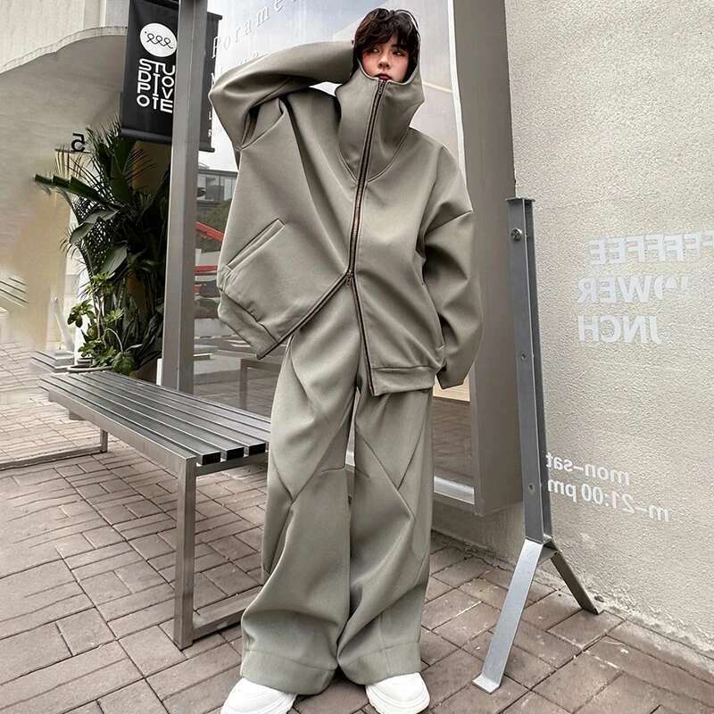 Stylish Men's Solid Color Original Design Loose Hooded Two-Piece Sets Trendy High Street Jacket Baggy Pants