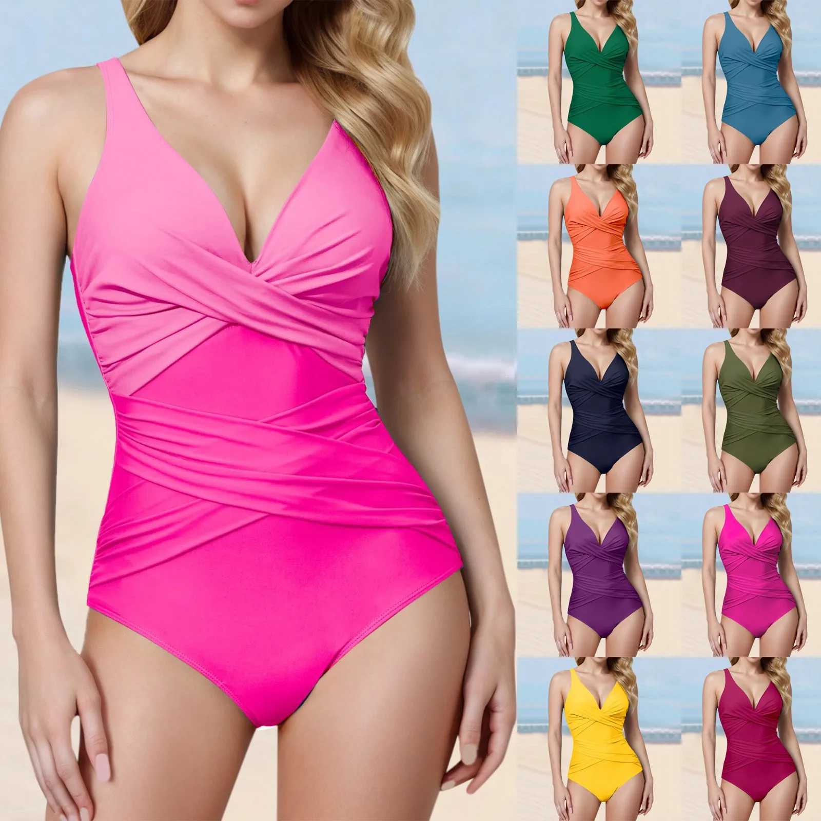 2024 One Piece Swimsuits For Women Breathab Slimming Bathing Ruched Push Up Swimwear Vintage Fa Beach Wear XJ240108