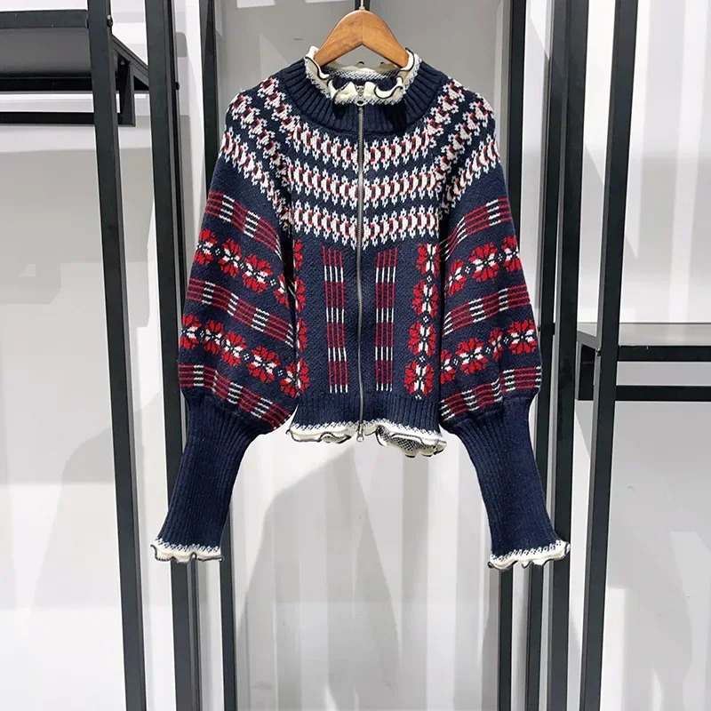 Women 2024 Autumn And Winter Retro Fair Isle Ruffle Stand Collar Double Zipper Balloon Sleeve Sweater Cardigan
