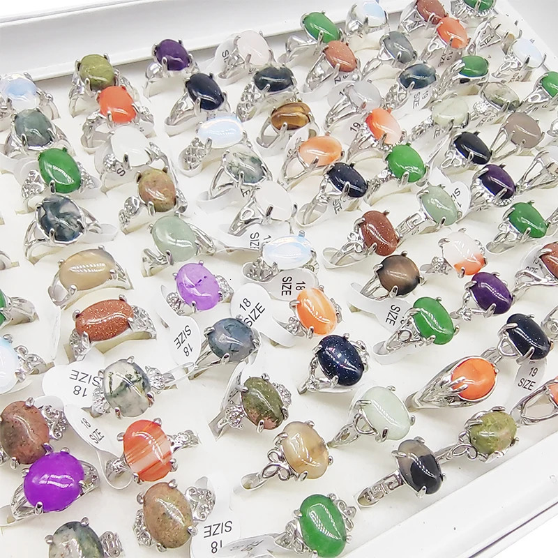 20/50pcs/Lot Wholesale Bohemia Mix Style Natural Stone Finger Rings for Women men Silver Color Party Jewelry Oval Agate Wedding 250106