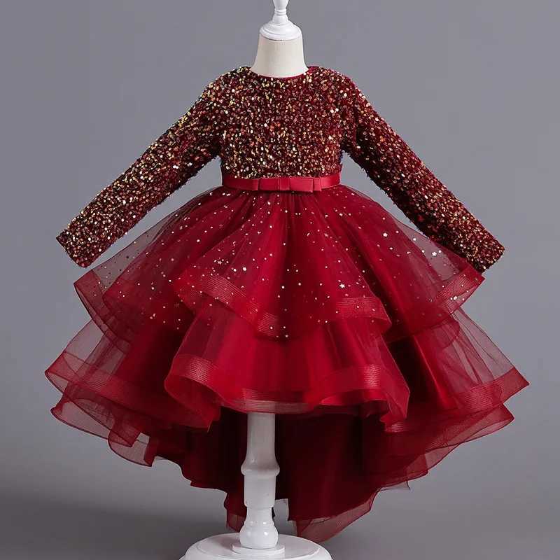 Flower Girls Princess Sequins Wedding Luxury Gown Christmas Par Trailing Dress Kids Long Sleeve Elegant Vestidos For 3-12 YearXJ250108