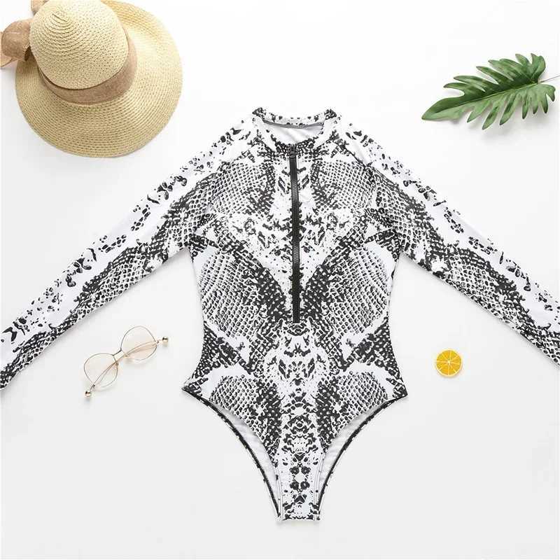 opard Print One Piece Swimsuit Snakeskin Print Sexy Swimsuit Long Seve Zip Cool Swimsuit Women Push Up Bathing Beachwear#BL3XJ240108