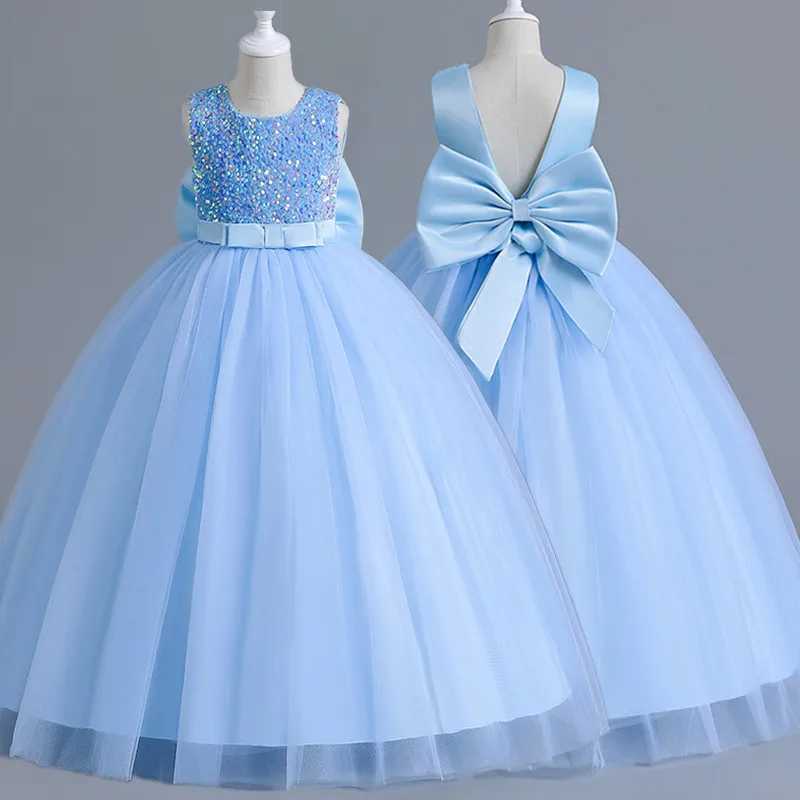 Luxury Girl Blue Sequined Dress 5-14T Children Formal Pageant Gala Prom Gown Bridesmaid Girl Wedding Costume Graduation ClothesXJ250108