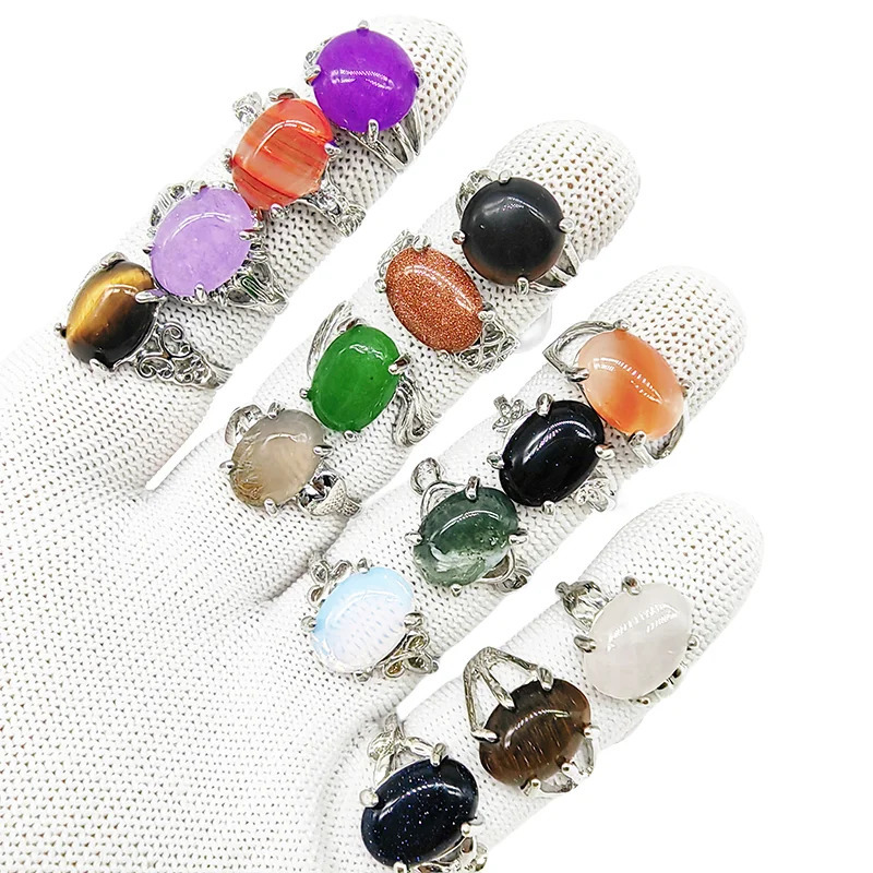 20/50pcs/Lot Wholesale Bohemia Mix Style Natural Stone Finger Rings for Women men Silver Color Party Jewelry Oval Agate Wedding 250106