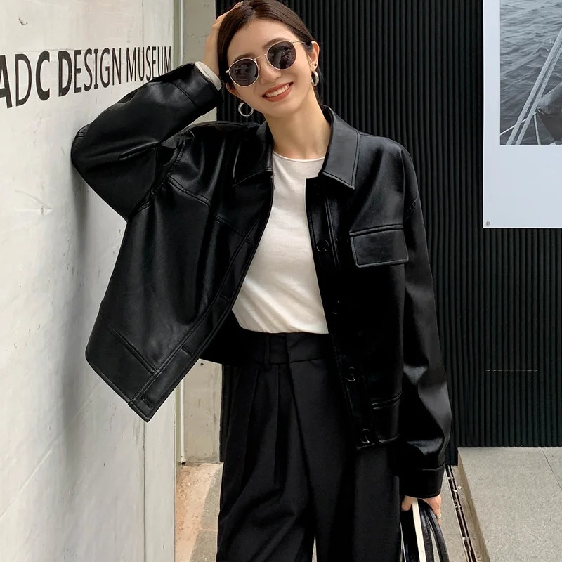 Black Cropped Leather Jacket Women Korean High Street Blazers Vintage Streetwear Moto Bike Autumn 250109