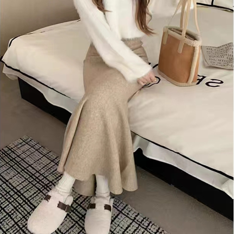 S1330 Fishtail Skirt Women's Early Spring Elastic Slimming Wool Hip Skirt High Waist Slim Mermaid Princess Midi Skirt