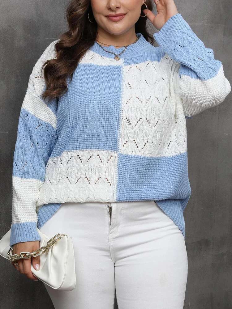 GIBSIE Plus Size Autumn And Winter Color Block Knitted Sweaters Women Casual Long Sleeve Crew Neck Pullover Women's Tops Jumpers