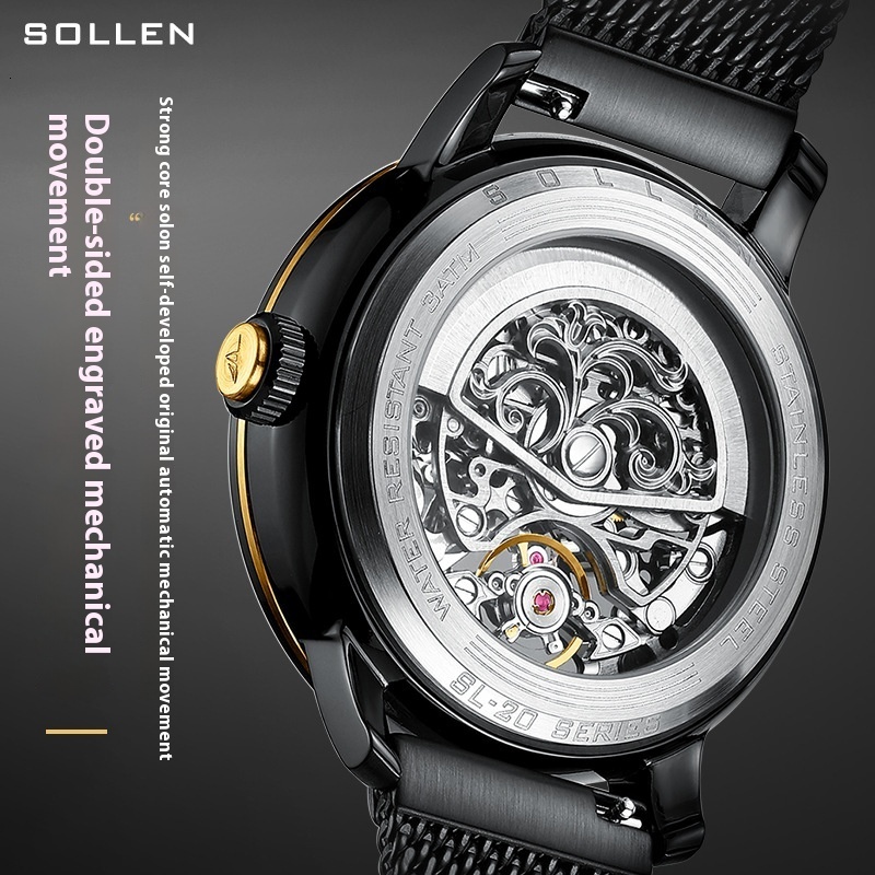 SOLLEN Fashionable Men's Mechanical Watch with Arc Skeleton Dial and Luminous Features