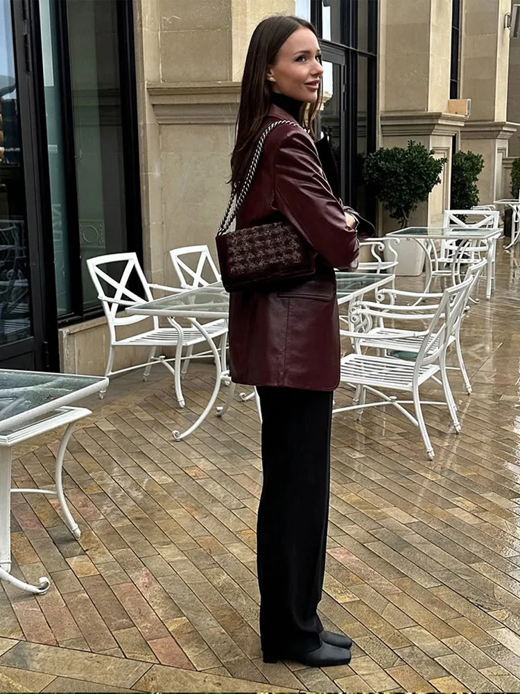 Womens Chci Burgundy Single Breasted Pu Leather Jackets Elegant Oversized Pockets Solid Coats 2025 Lady Street Outerwear Winter 250103