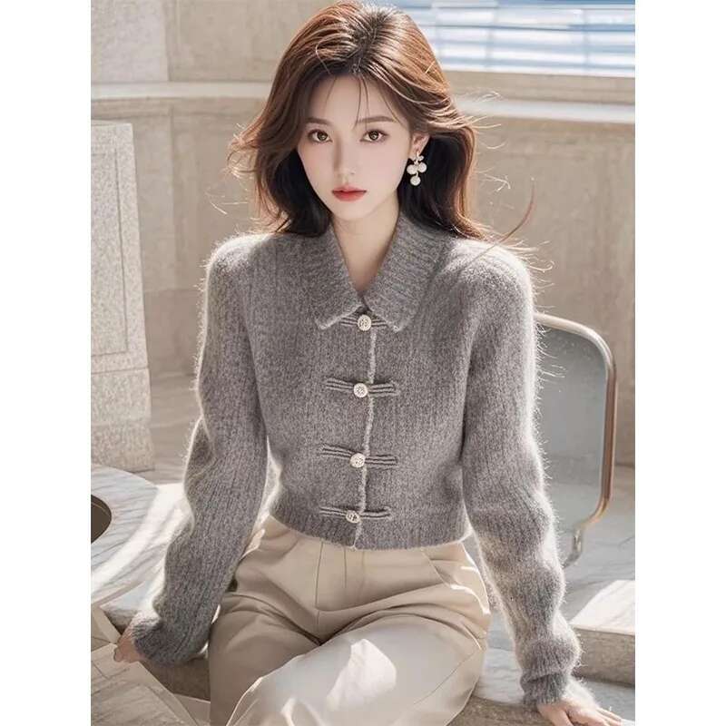 Autumn Winter Button Slim Solid Color Knitting Women Clothing Indie Folk Polo Collar Long Sleeve Chinese Style Sweater Top