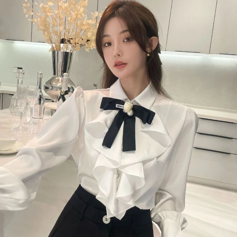 White Shirts Woman Lace Ruffles Blouses Sweet Female Peter Pan Coller Crop Long Sleeve Tops Preppy Ladies Temperament Q190 250109