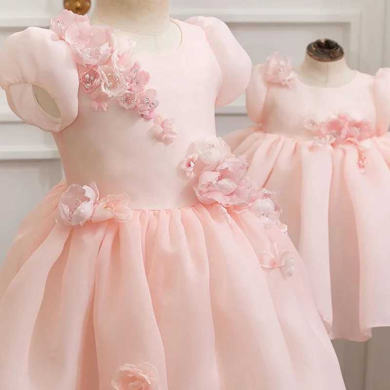 Pink Flower Girl Dresses For Wedding Floral Pearls Tea Length Baby Kids Birthday Ball Gowns Elegant First Communion GownsXJ250108