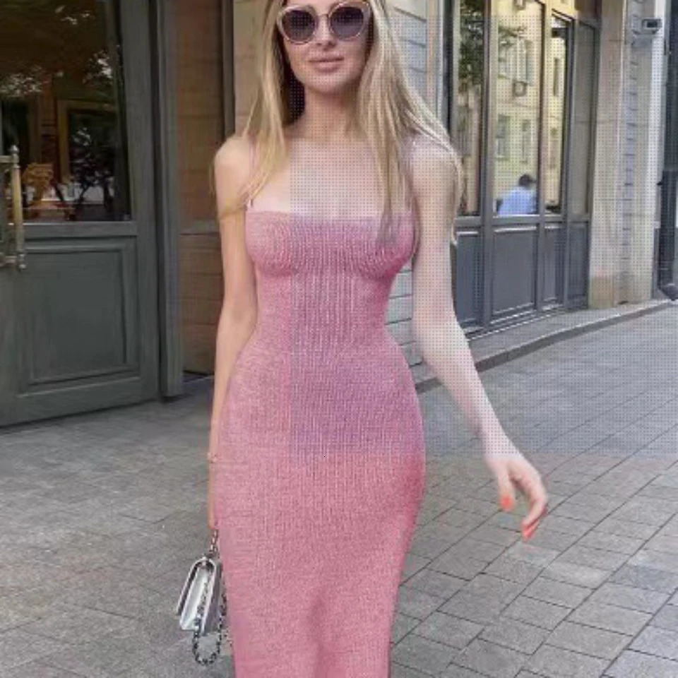 Suspender Knitted Dress Slit Slim Long Dress Fashion Solid Color Casual Street Women Robe 0uting Vacation Wear 250102