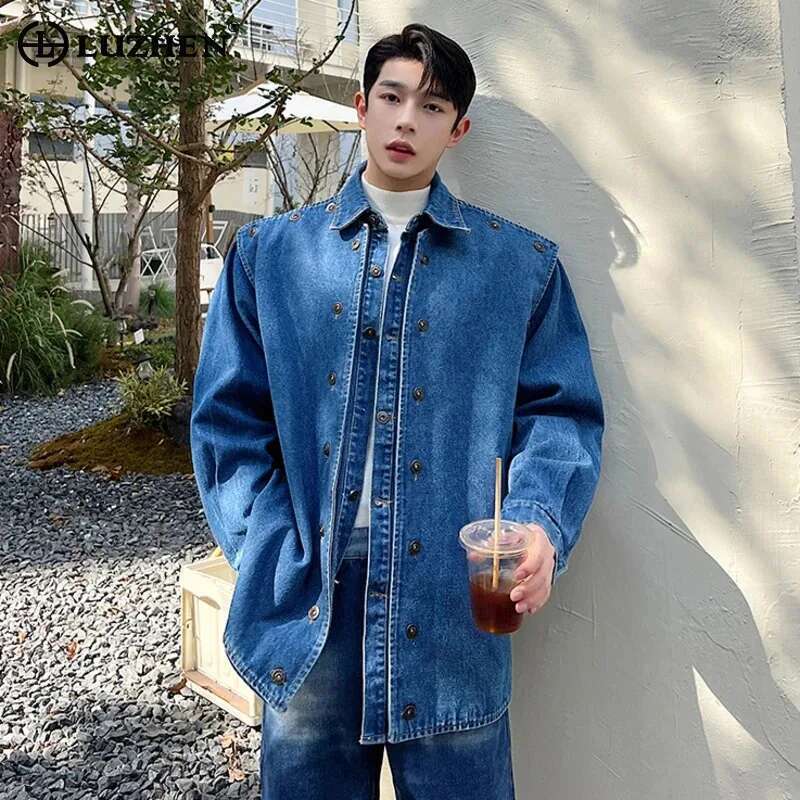 Fake Two Piece Trendy Denim Jacket Men Korean Street Handsome Casual Outerwear Spliced Original Designer Clothes