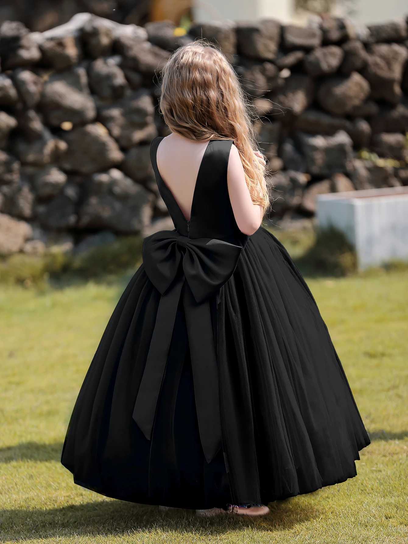 Luxury Satin Flower Girl Dress with Big Bow Sleeveless Fancy Formal Birthday Tulle Par Long Black DressesXJ250108