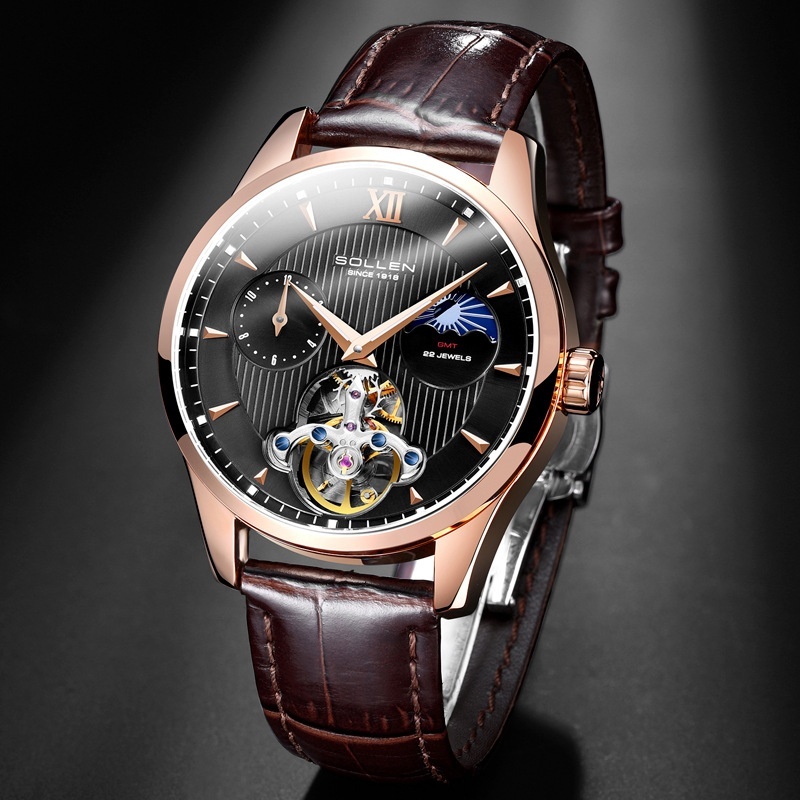 SOLLEN Men's Automatic Mechanical Watch with Skeleton Dial and Dual Time Zone