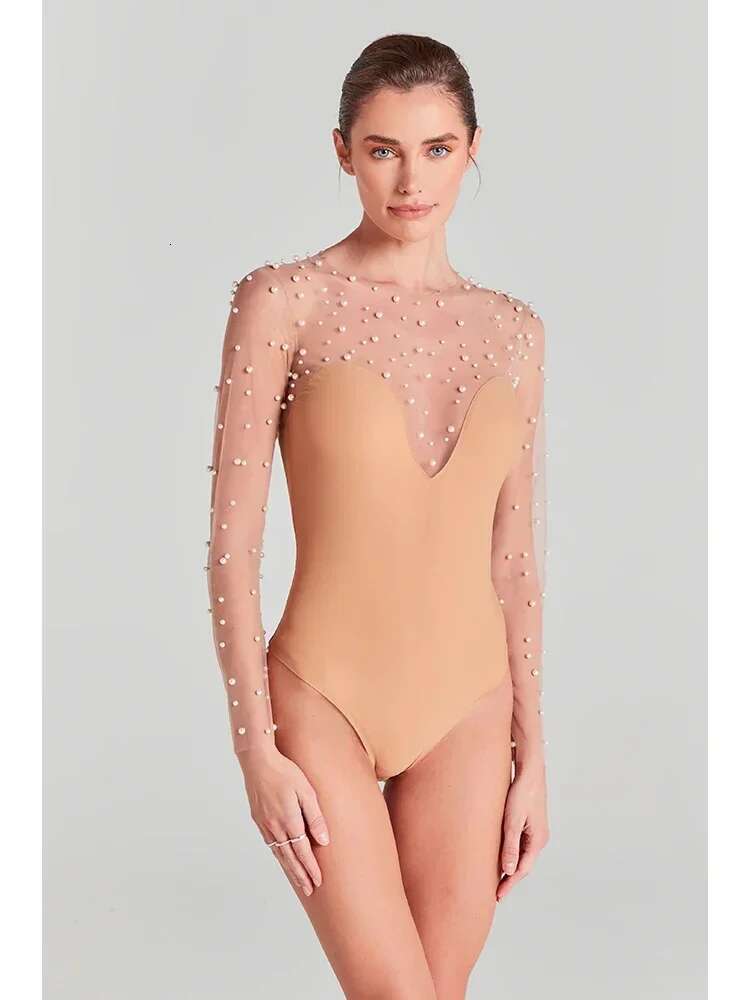 Sexy Long Sleeves Mesh Pearl Beaded Bodysuits+Strapless Two Piece Women White Jumpsuit Suits Evening Runway Sets