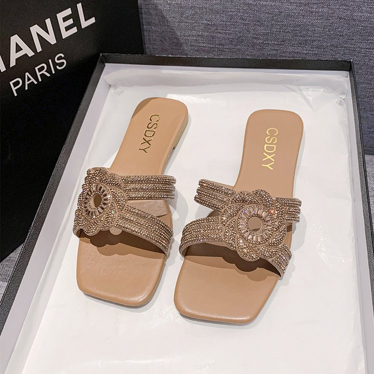 Women Slippers Fashion Flat Bottom Designer Shoes Plus Size Diamond Outerwear Square Toe Triple Black Beige Khaki Free shipping