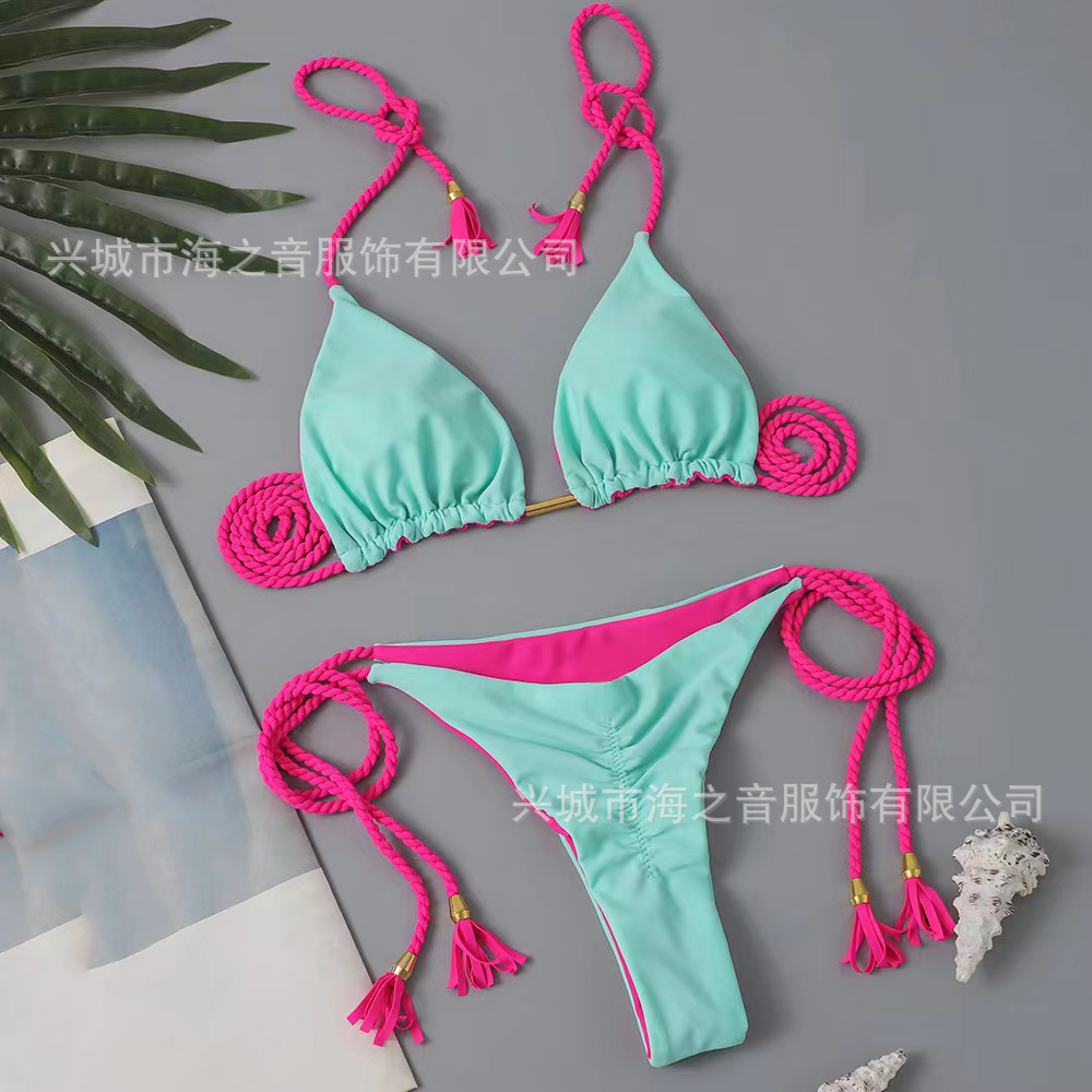 2025 New Sexy Beach Bikini Designer Swimsuit Sexy Contrast Colored Woven High Waist Split Women's Swimsuit Bikini
