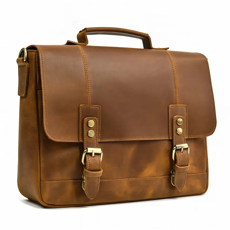 Mens Genuine Leather Briefcase Retro Handbag Large Capacity Shoulder Bag Cross-border Commute Laptop Bag 250107