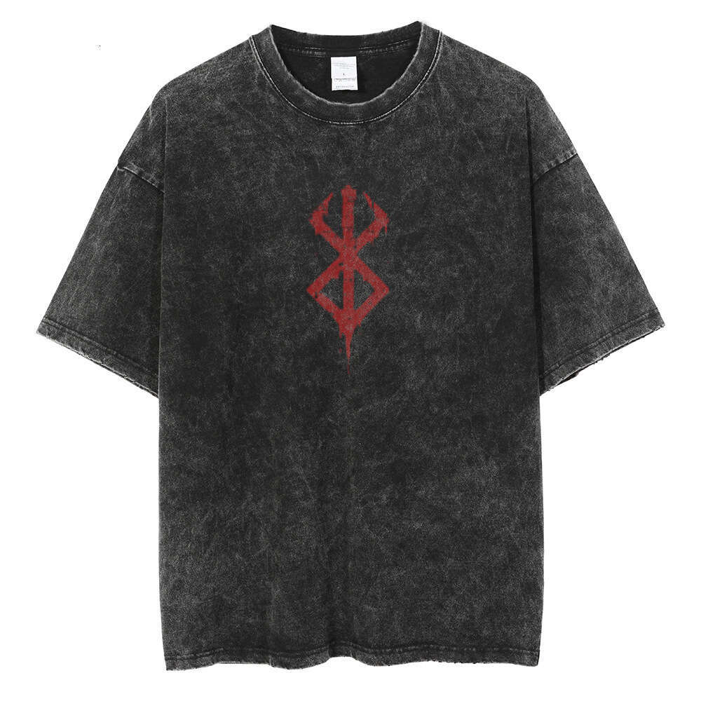Men Washed Vintage Black Cotton T Shirt Japanese Anime Graph