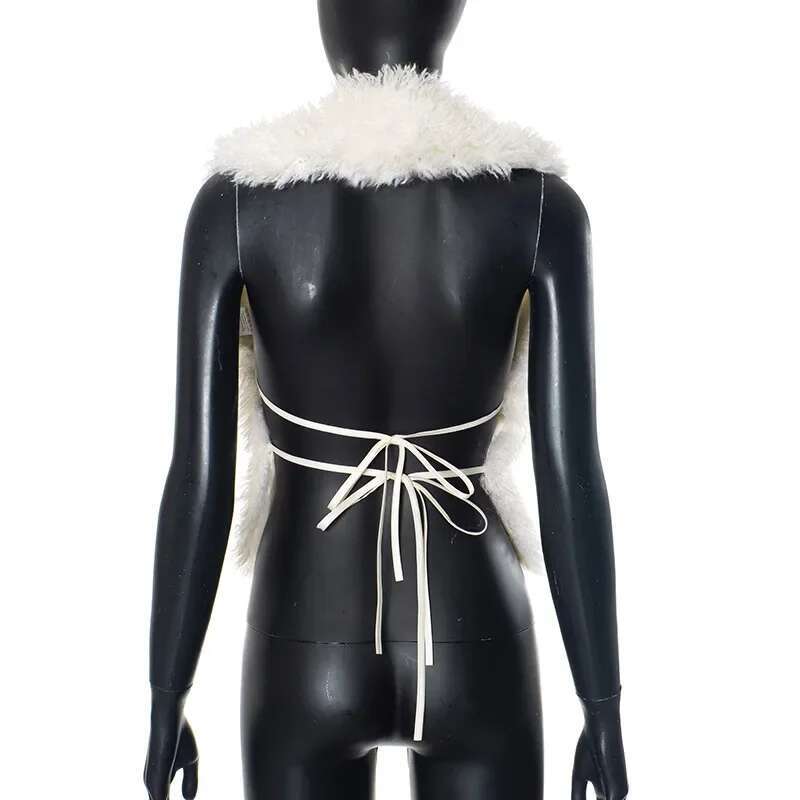 Fluffy Faux Fur Halter Vests Women Solid Deep V-Neck Backless Bandage Sleeveless Jackets Top Winter Wamr Outerwear Coat
