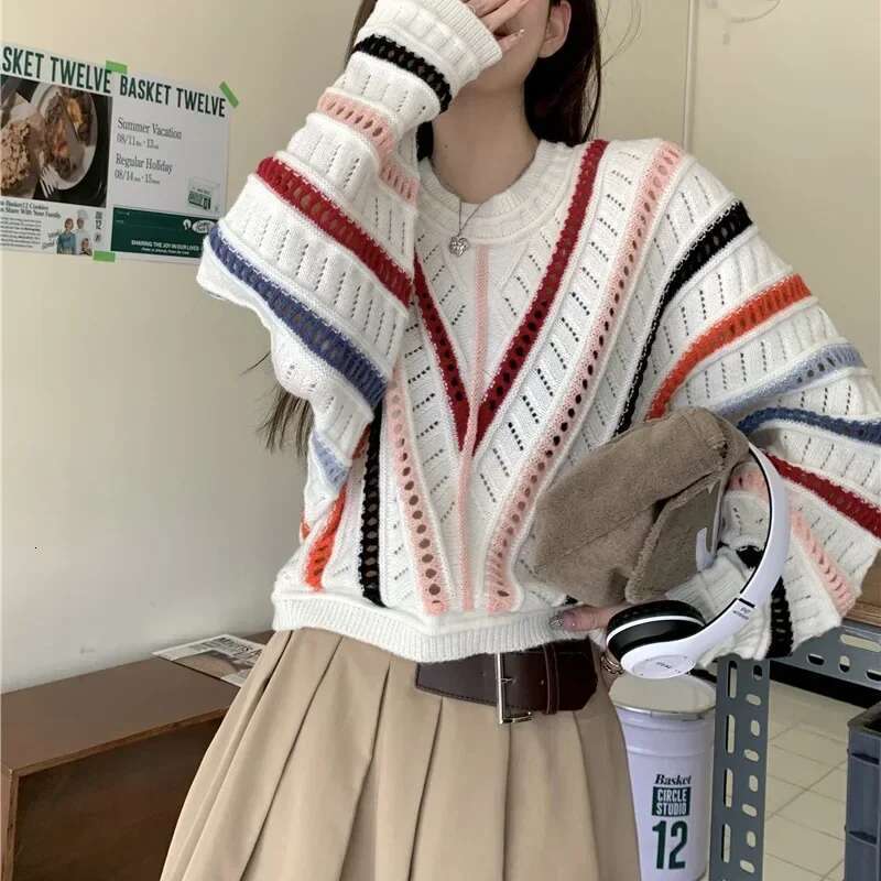 2025 Striped Hollow Knitted Batwing Sleeve Crewneck Sweater Women's 2024 Autumn New Korean Style Loose Simple Elegant Casual Top