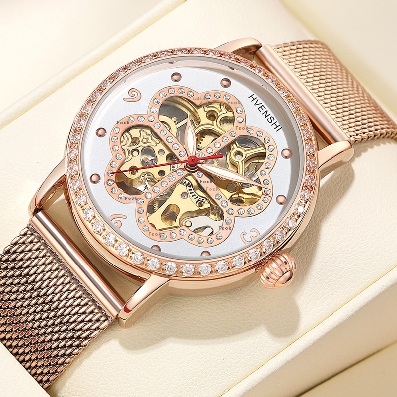 Elegant Automatic Mechanical Watch for Women with Luminous Diamond-Encrusted Clover Dial