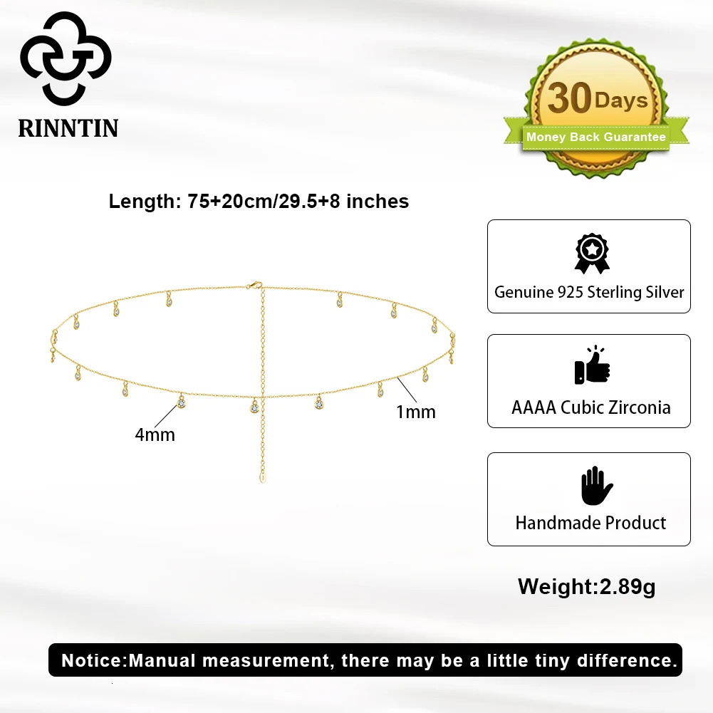 Rinntin Fashion Sexy Body Chain with Clear CZ 925 Sterling Silver for Women Sexy Belly Belt Waist Chain Summer Accessories CW01 250107